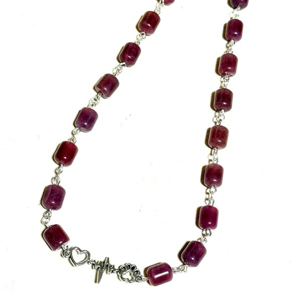 Genuine Magenta Chalcedony Short Necklace, Gemstone & Paw Print Heart Beat Charm - Picture 7 of 14